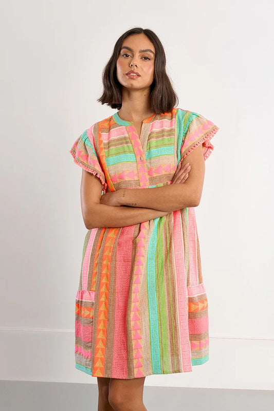 Multicolor Short Sleeve V-Neck Button Dress – Lightweight Printed Summer Dress for Women