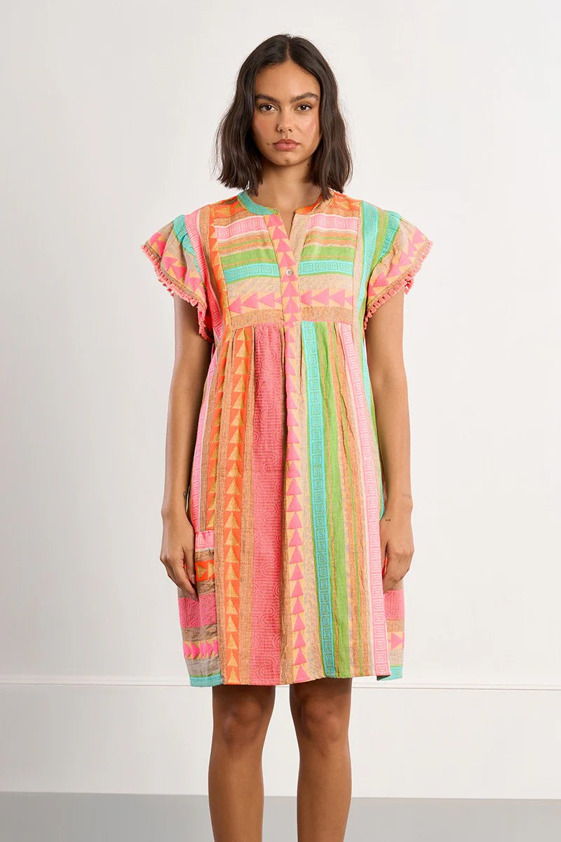 Multicolor Short Sleeve V-Neck Button Dress – Lightweight Printed Summer Dress for Women