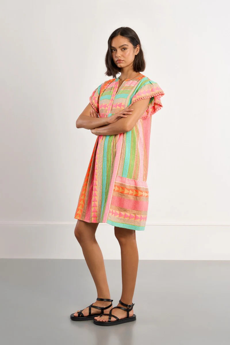 Multicolor Short Sleeve V-Neck Button Dress – Lightweight Printed Summer Dress for Women
