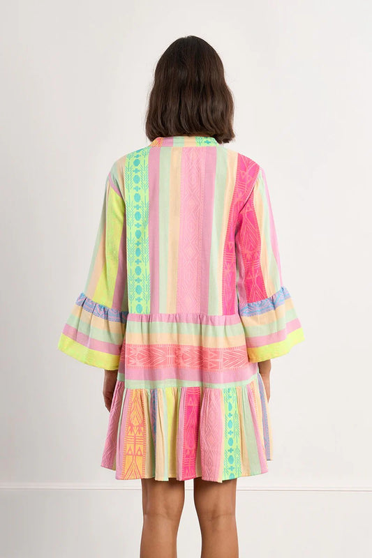 Ibiza Multicolor Short Dress – Deep V-Neck Ruffle Sleeve Summer Dress