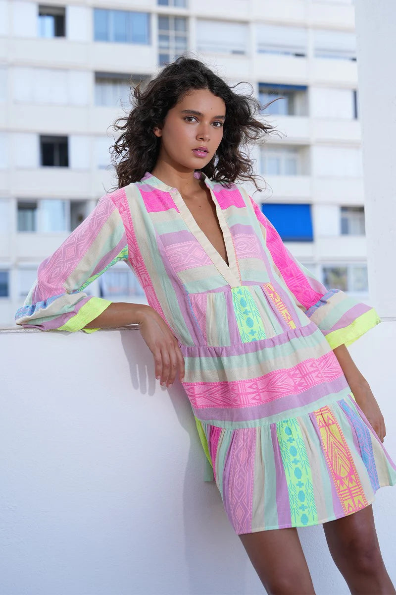 Ibiza Multicolor Short Dress – Deep V-Neck Ruffle Sleeve Summer Dress