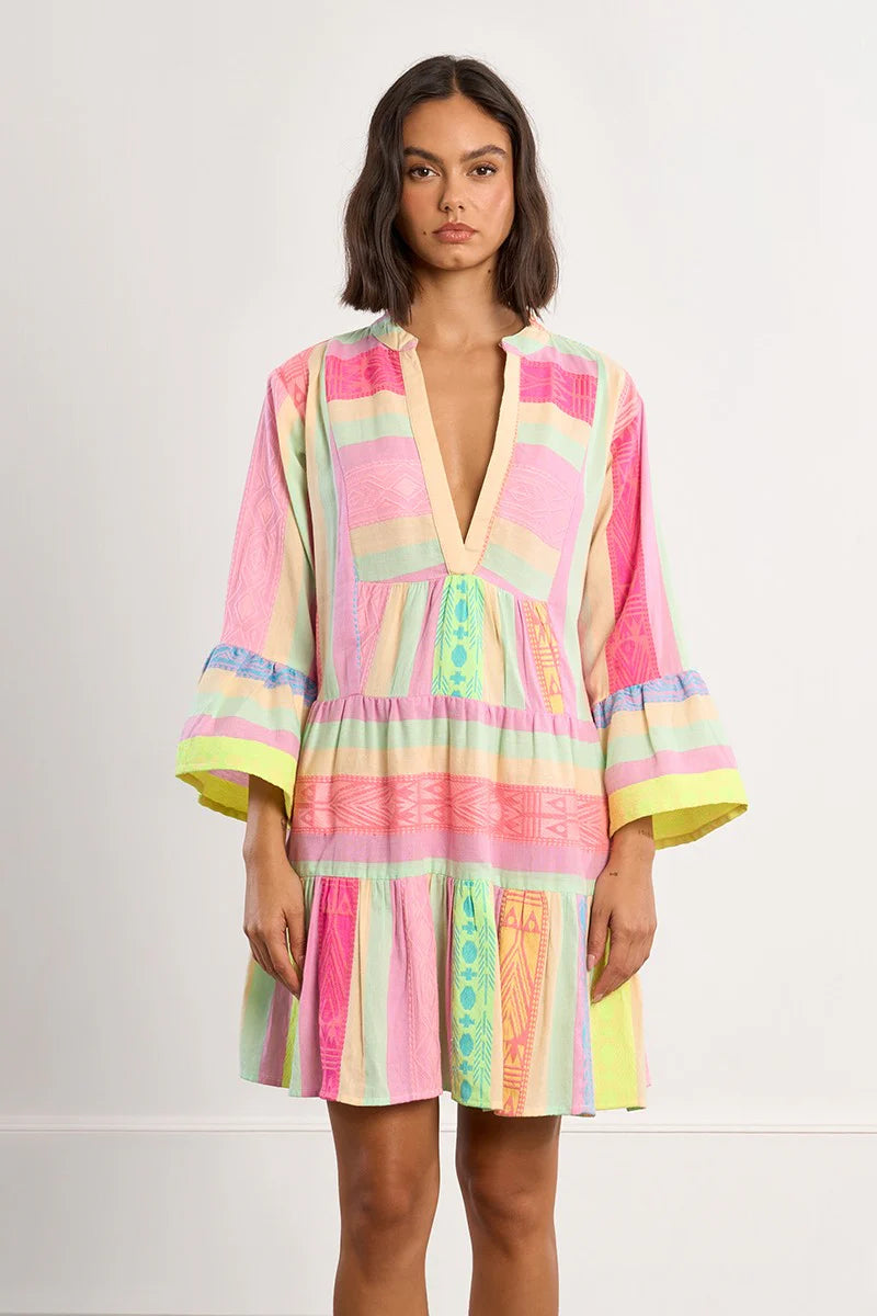 Ibiza Multicolor Short Dress – Deep V-Neck Ruffle Sleeve Summer Dress