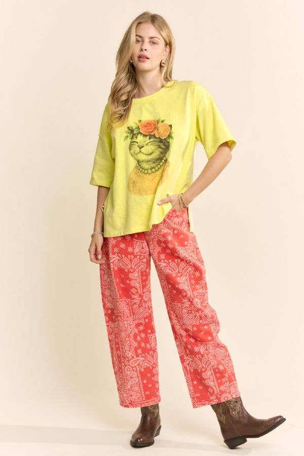 Blossom-Crowned Kitty Print Top