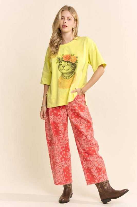 Blossom-Crowned Kitty Print Top