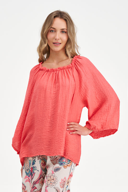 Coral Off-the-Shoulder Flowy Blouse with 3/4 Bubble Sleeves