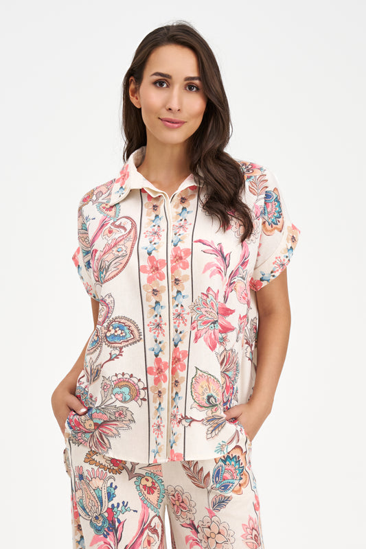 Sunset Boho Paisley Print Oversized Button-Up Top with Floral Border