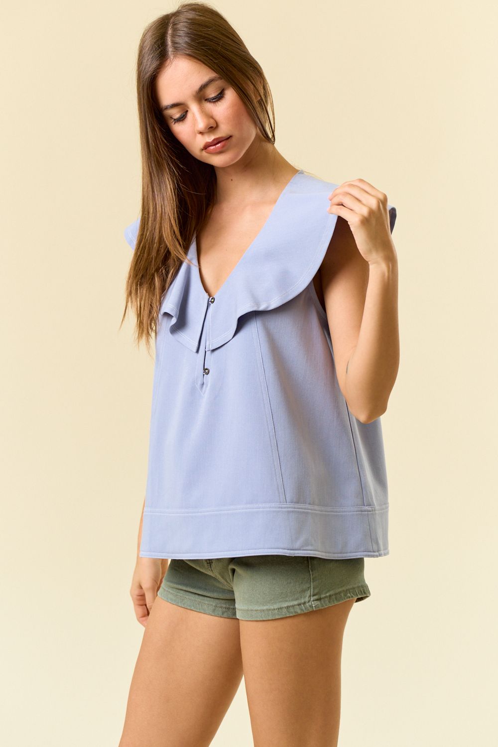 Twill Ruffle-Neck Swing Blouse