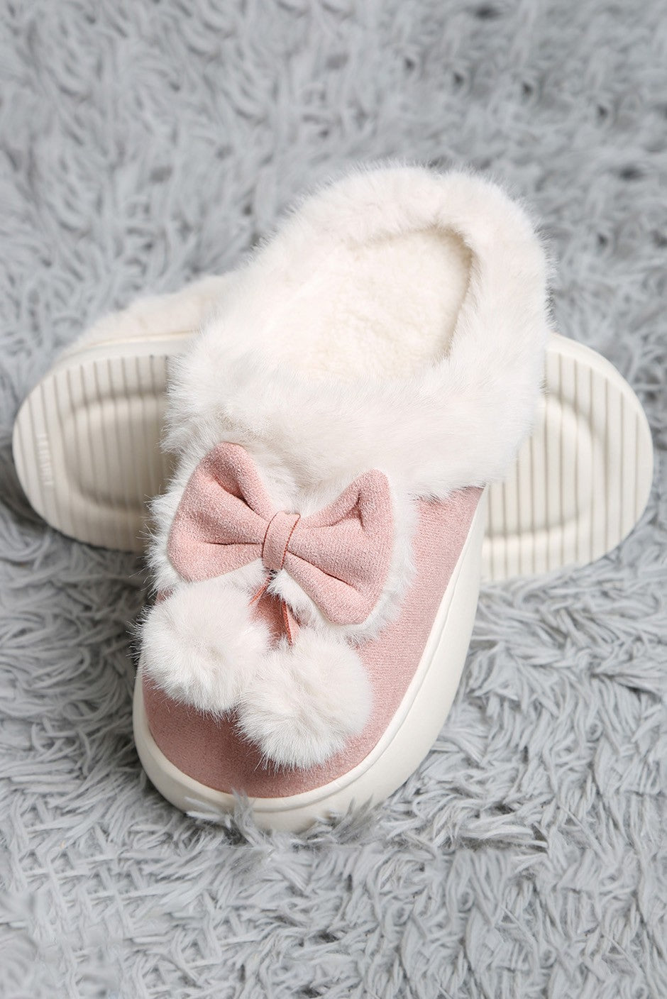 Bow Pom Pom Faux Suede Indoor Floor Slippers
