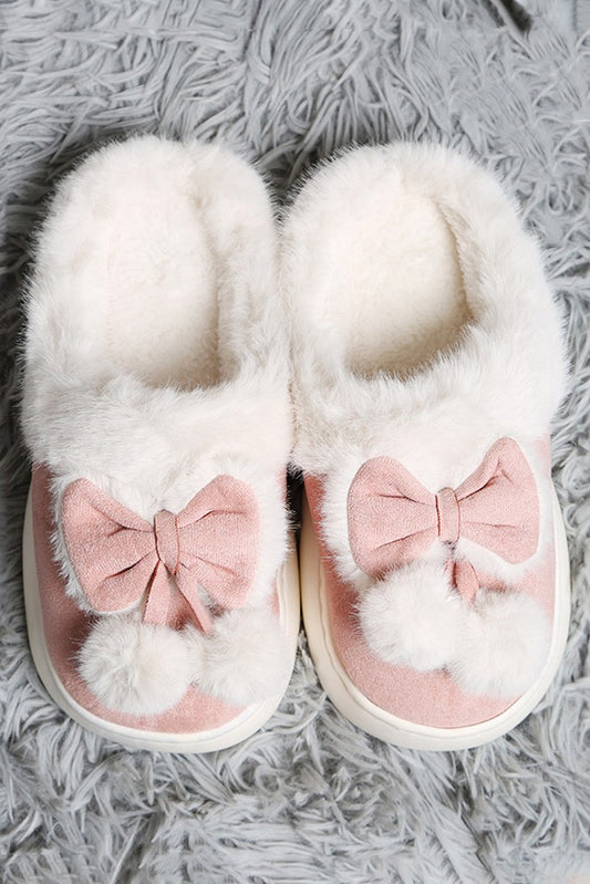 Bow Pom Pom Faux Suede Indoor Floor Slippers
