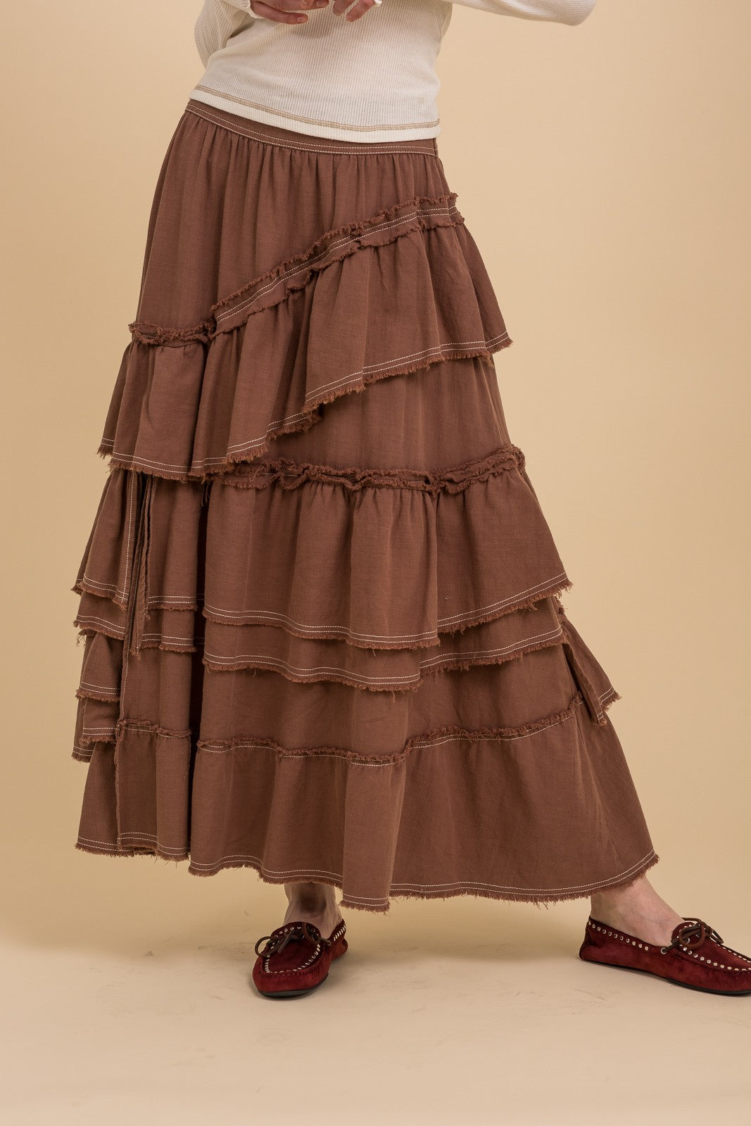Mocha Asymmetrical Ruffled Tiered Maxi Skirt