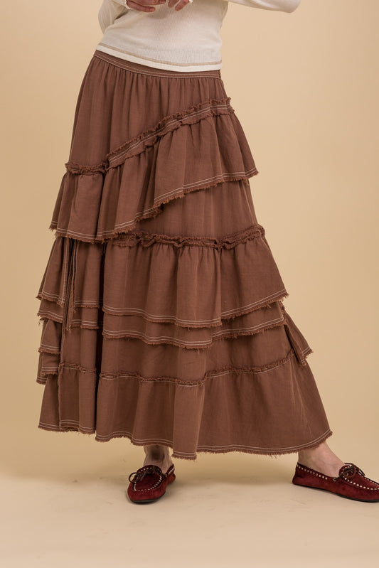 Mocha Asymmetrical Ruffled Tiered Maxi Skirt
