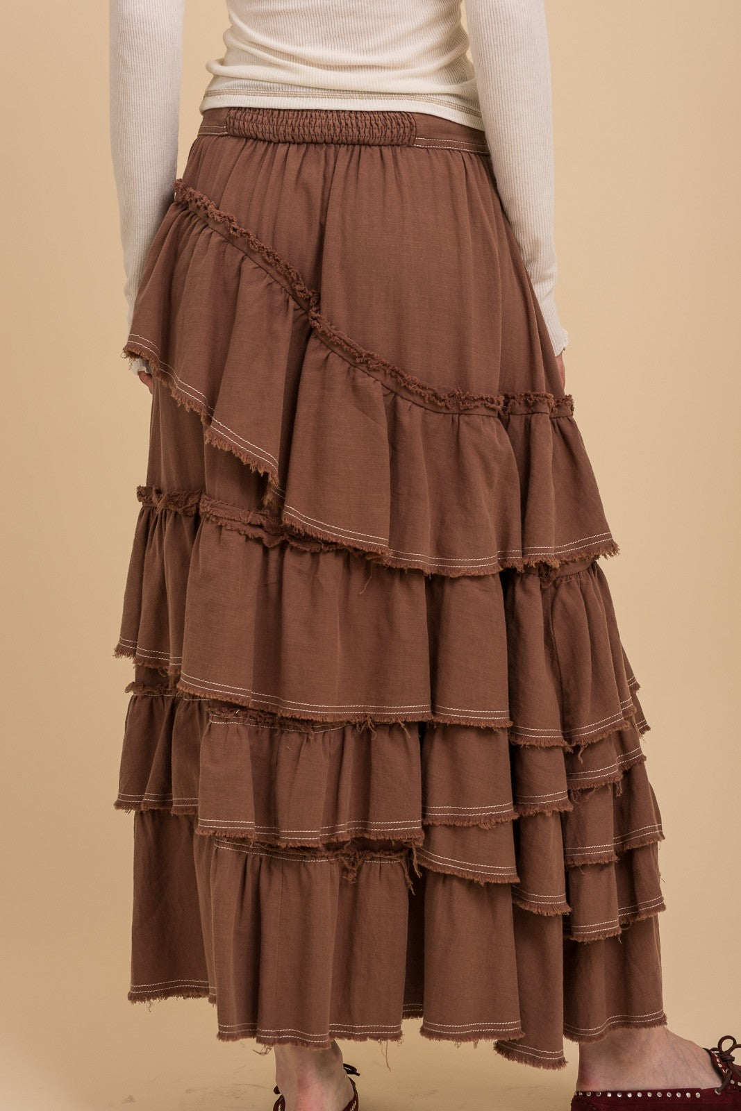Mocha Asymmetrical Ruffled Tiered Maxi Skirt
