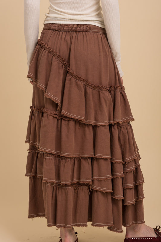 Mocha Asymmetrical Ruffled Tiered Maxi Skirt