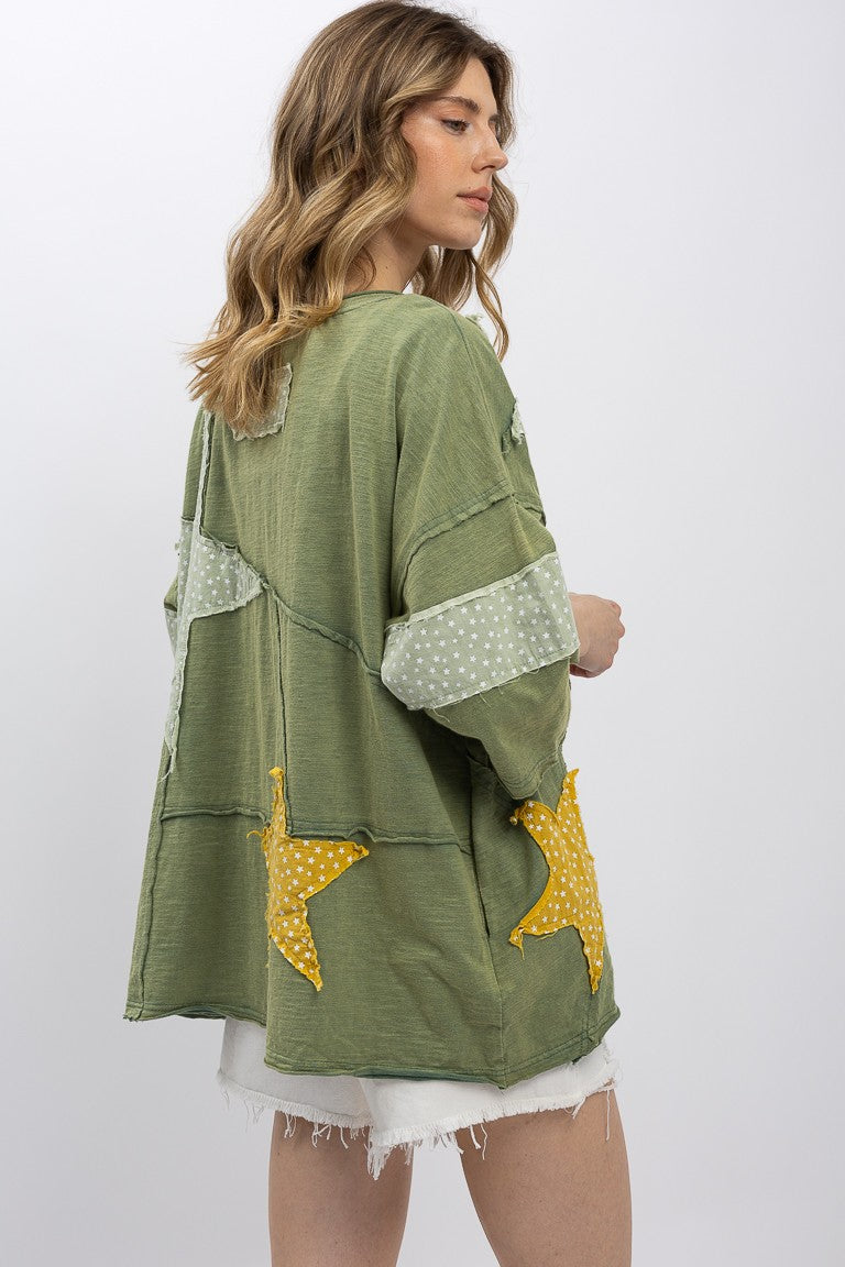 Olive Mineral Washed Star Patchwork Short Sleeve Top | Relaxed Fit Casual Tee