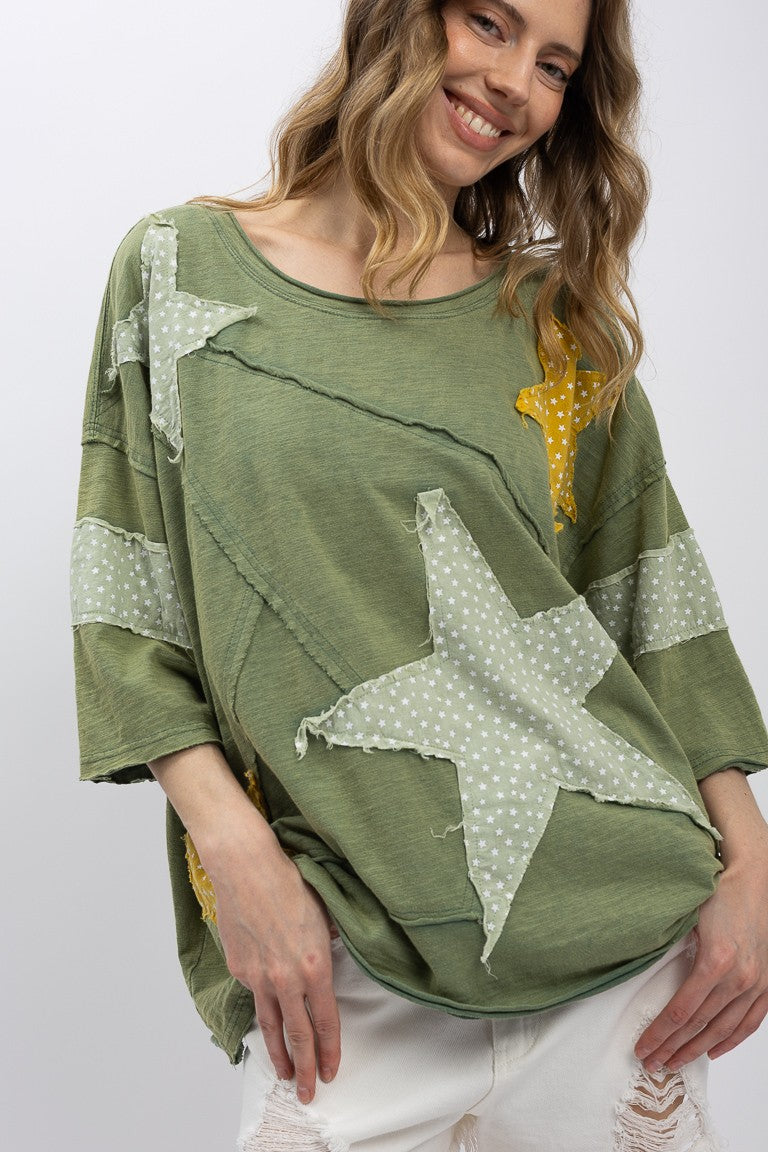 Olive Mineral Washed Star Patchwork Short Sleeve Top | Relaxed Fit Casual Tee