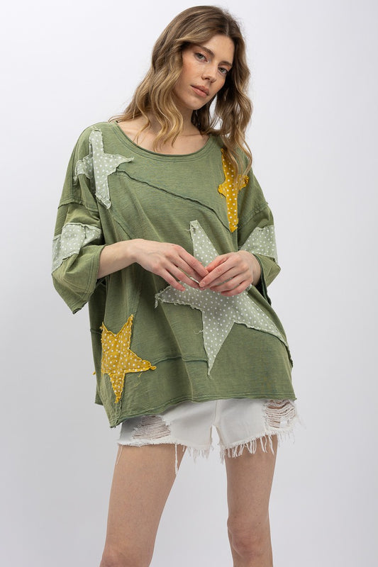 Olive Mineral Washed Star Patchwork Short Sleeve Top | Relaxed Fit Casual Tee