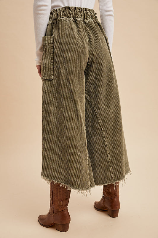 Olive Mineral Washed Corduroy Wide Leg Crop Pants with Frayed Hem
