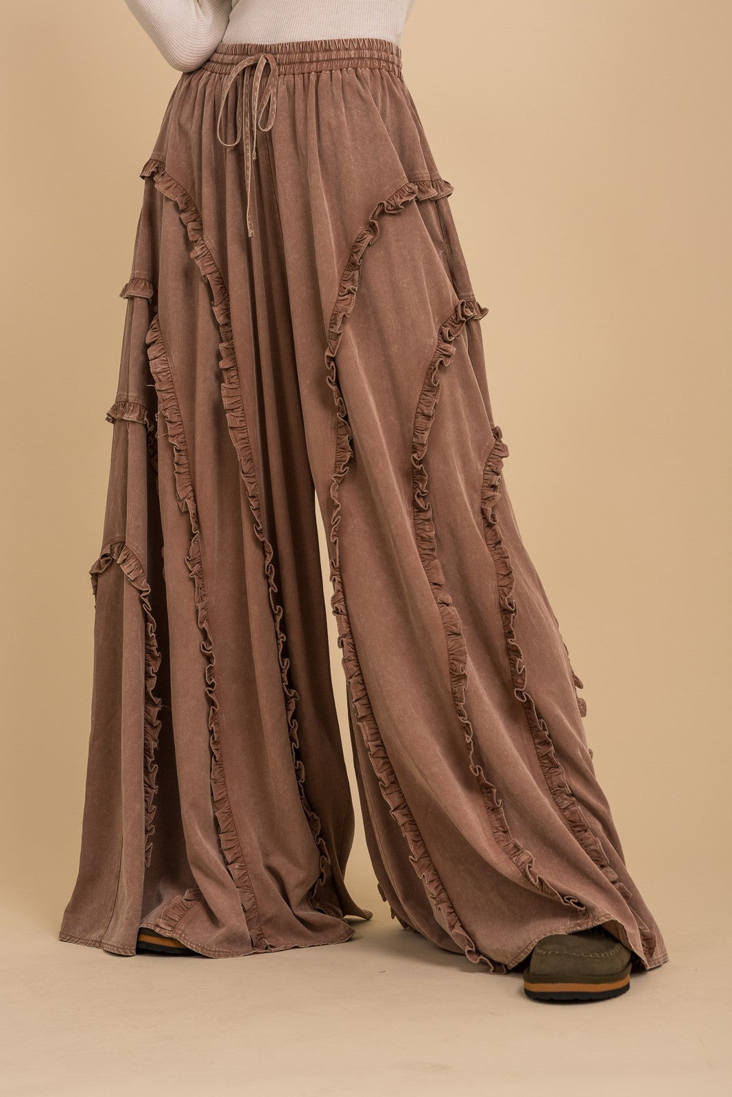 Camel Brown Mineral Washed Ruffled Wide Leg Pull-On Pants | Boho Maxi Lounge Pants