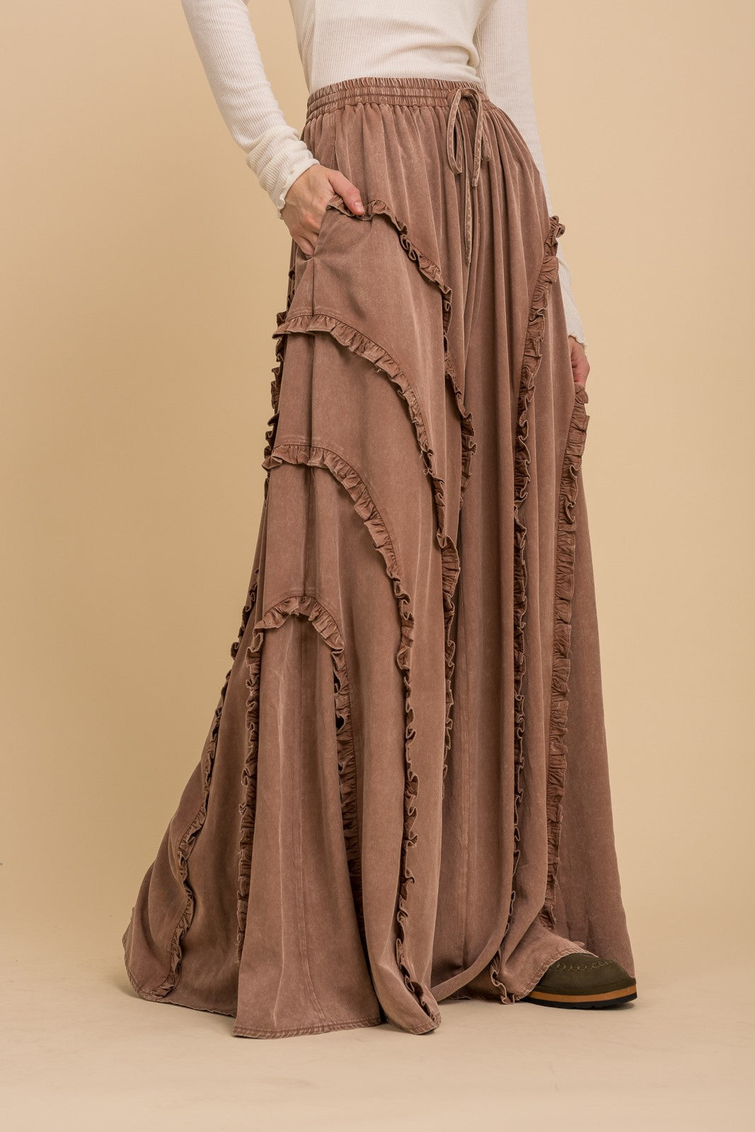 Camel Brown Mineral Washed Ruffled Wide Leg Pull-On Pants | Boho Maxi Lounge Pants