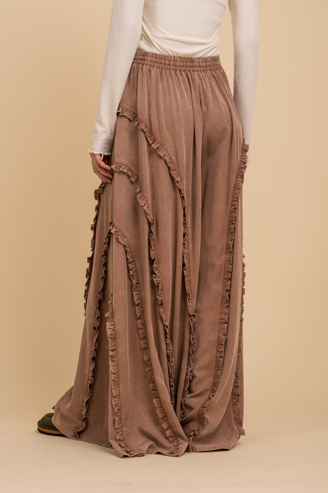 Camel Brown Mineral Washed Ruffled Wide Leg Pull-On Pants | Boho Maxi Lounge Pants