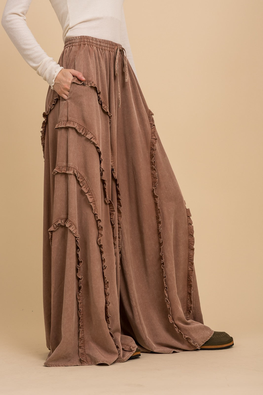 Camel Brown Mineral Washed Ruffled Wide Leg Pull-On Pants | Boho Maxi Lounge Pants