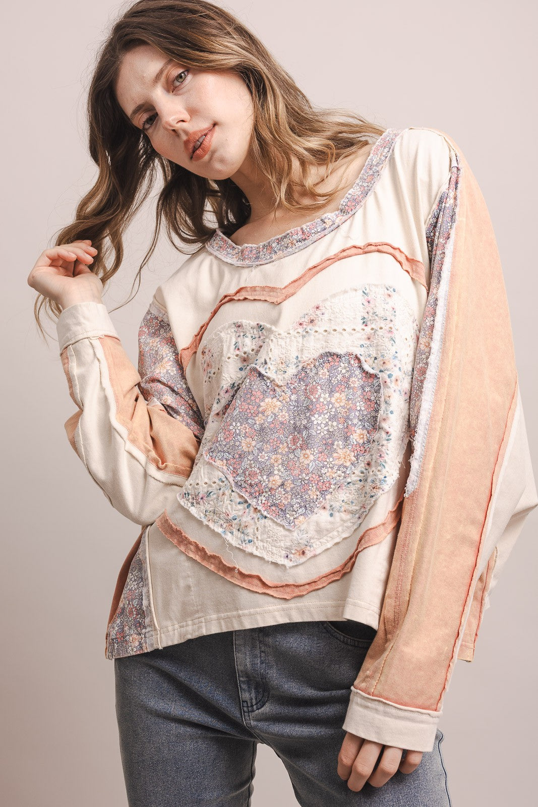Mineral Washed Heart Patchwork Oversized Long Sleeve Top | Relaxed Dolman Knit