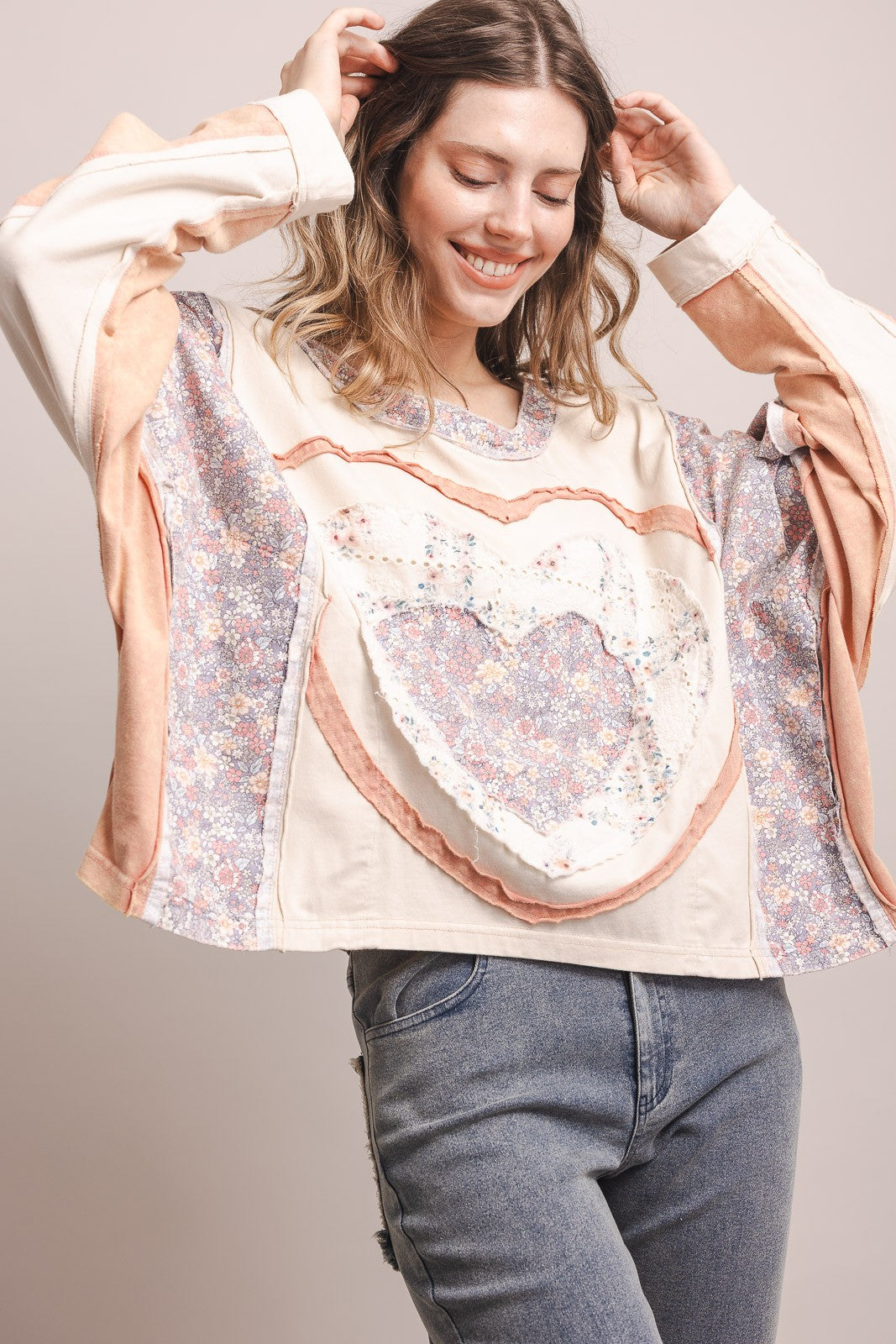 Mineral Washed Heart Patchwork Oversized Long Sleeve Top | Relaxed Dolman Knit