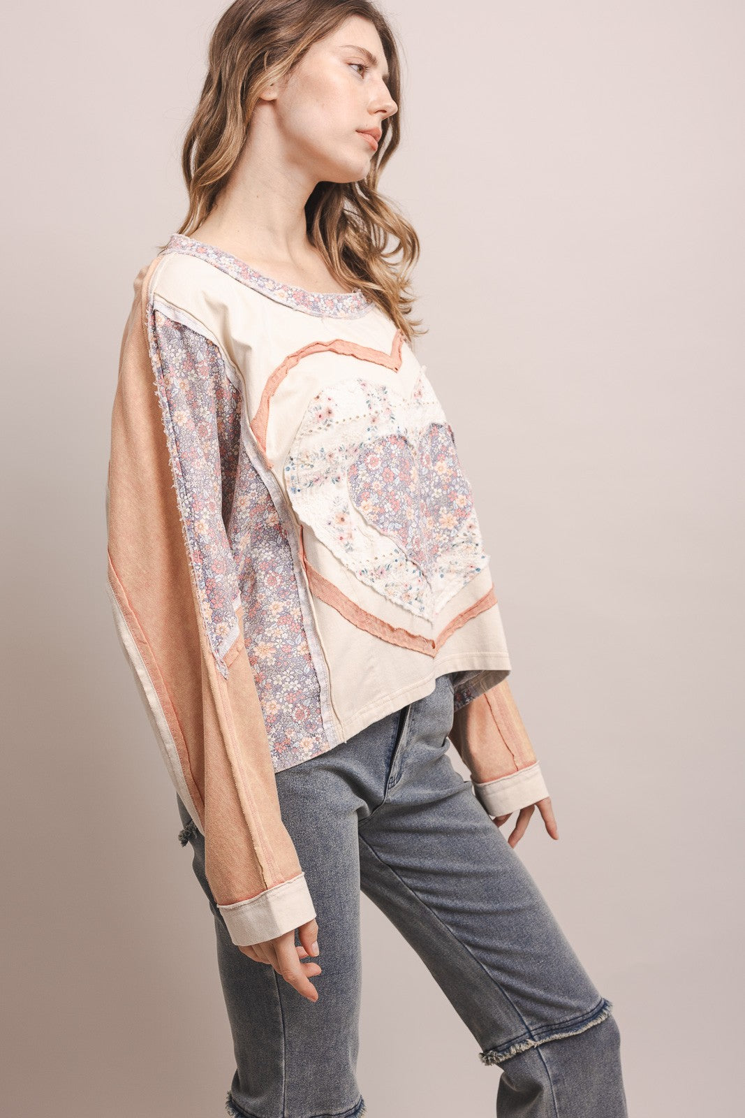 Mineral Washed Heart Patchwork Oversized Long Sleeve Top | Relaxed Dolman Knit