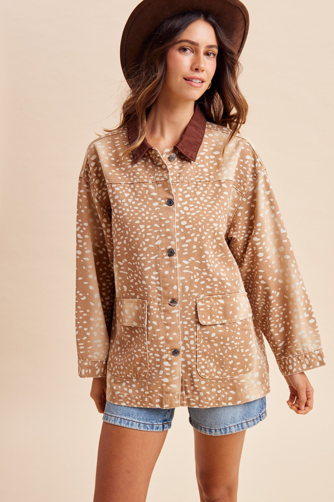 Bambi Deer Print Oversized Denim Jacket with Contrast Collar