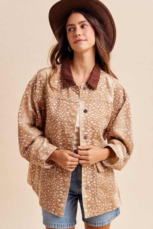 Bambi Deer Print Oversized Denim Jacket with Contrast Collar