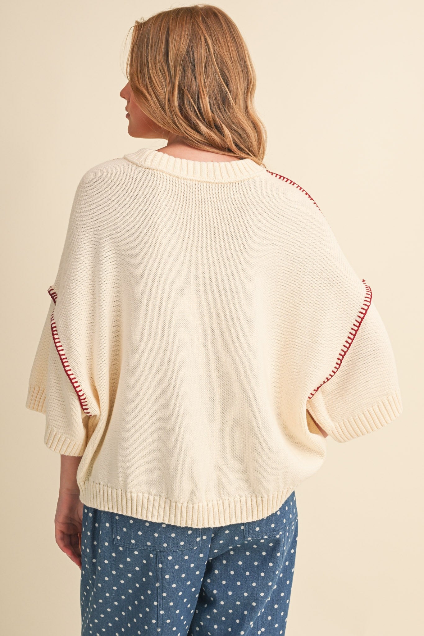 Contrast Blanket Stitch Short Sleeve Sweater – Ribbed Round Neck