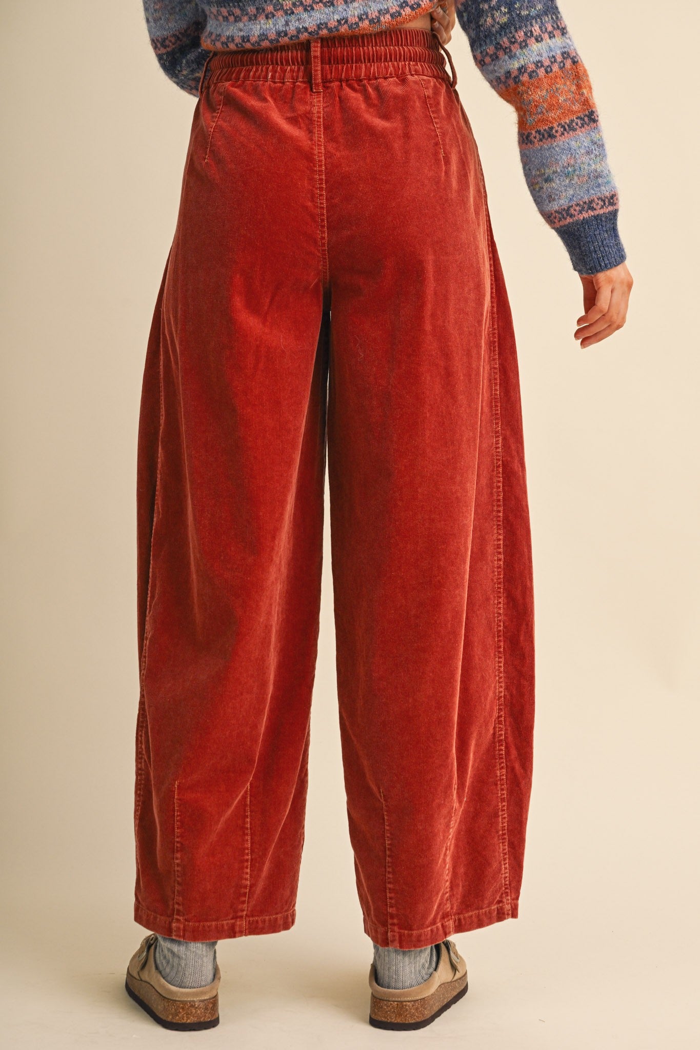 Burgundy Washed Corduroy Pleated Barrel Pants