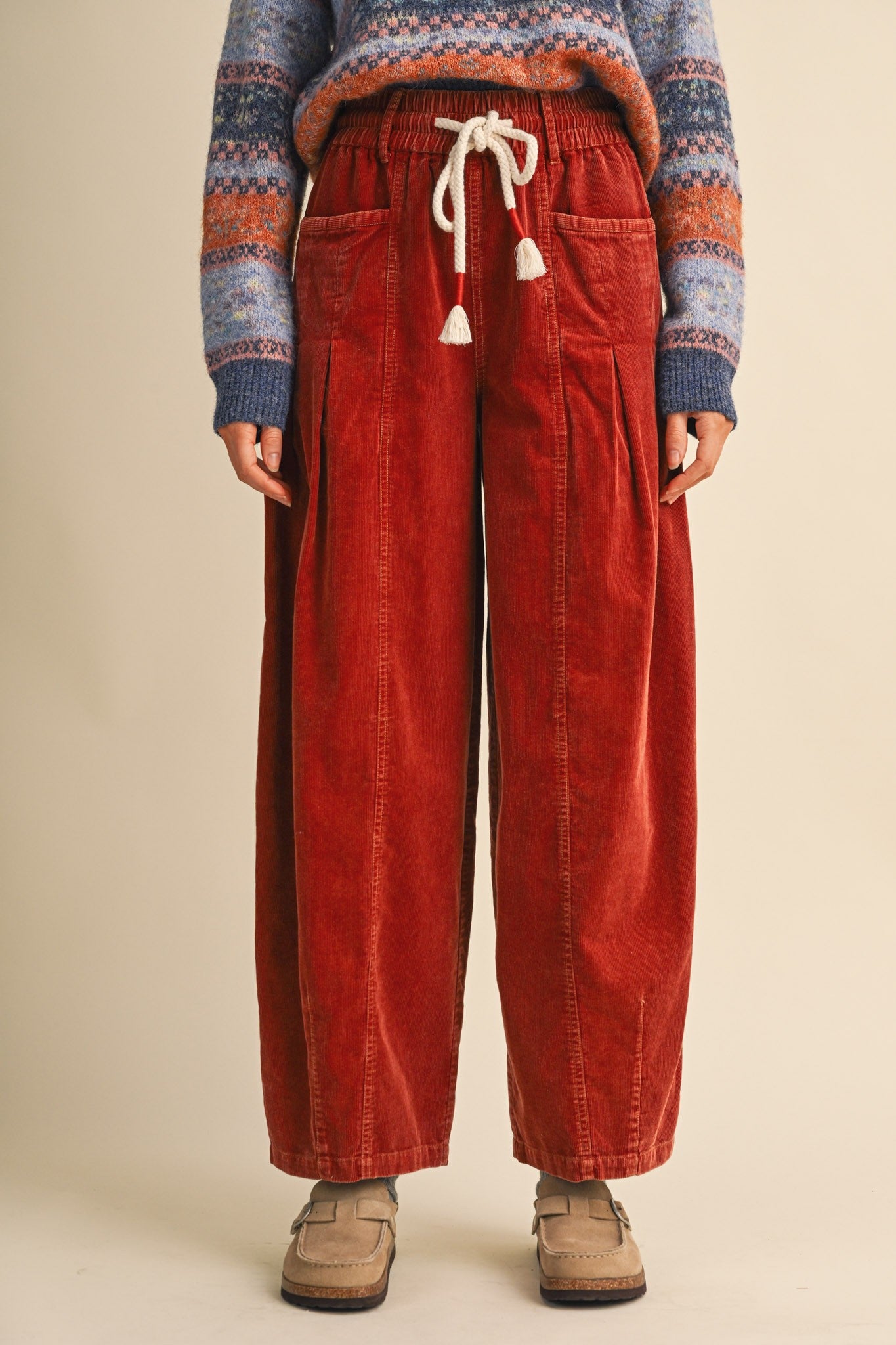 Burgundy Washed Corduroy Pleated Barrel Pants