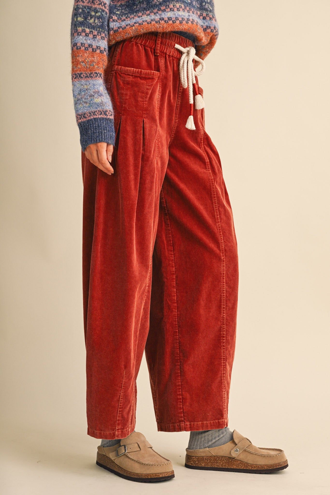 Burgundy Washed Corduroy Pleated Barrel Pants