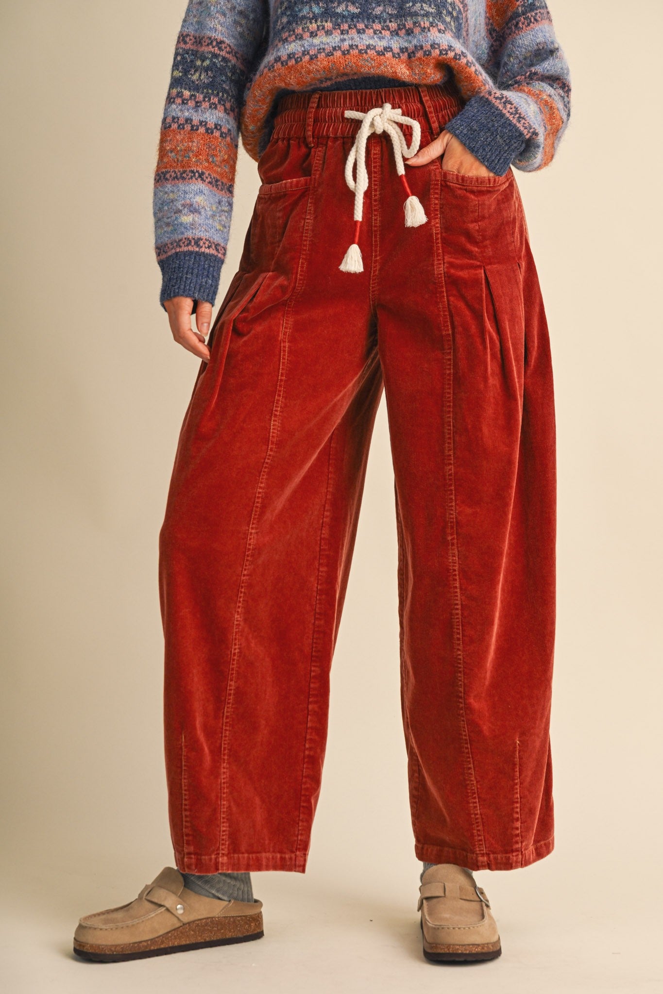 Burgundy Washed Corduroy Pleated Barrel Pants