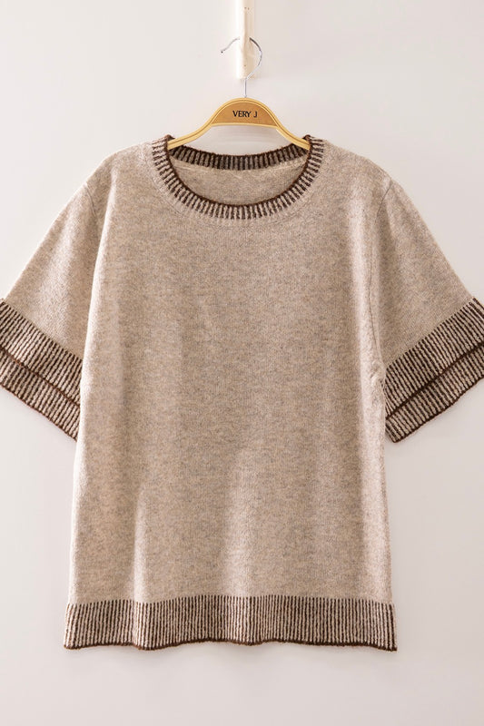 Soft Touch Contrast Rib Knit Short Sleeve Top