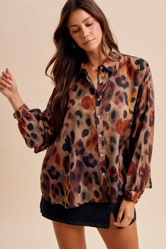 Women's Multicolor Abstract Leopard Print Sheer Button Down Blouse