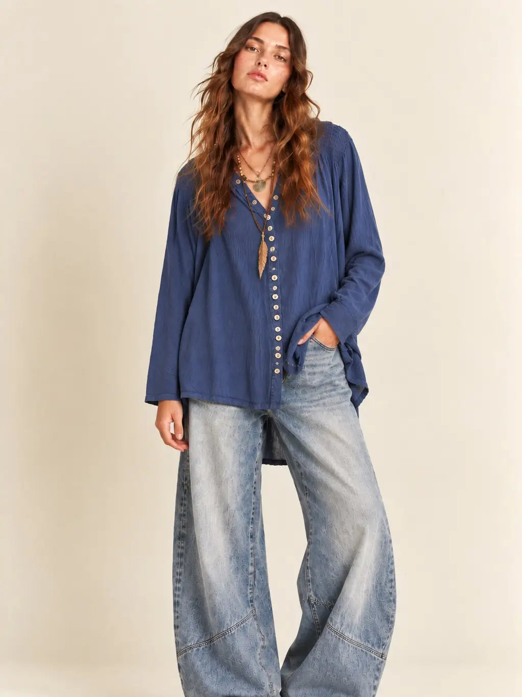 Slate Blue Textured V-Neck Oversized Button Down Tunic Top