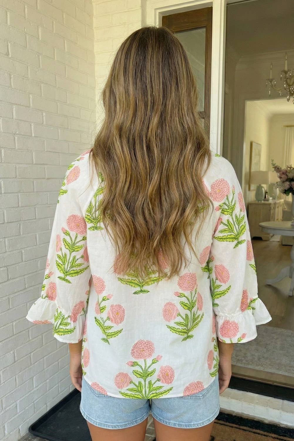 Wildflower Print V-Neck 3/4 Sleeve Blouse – Boho Floral Women’s Top with Relaxed Fit