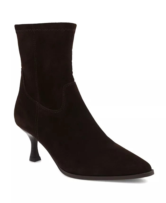 MIA Aletta women's pointed toe faux leather ankle booties with 2.5-inch kitten heel and sleek pull-on design.