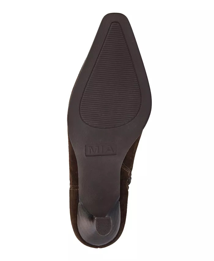 MIA Aletta women's pointed toe faux leather ankle booties with 2.5-inch kitten heel and sleek pull-on design.