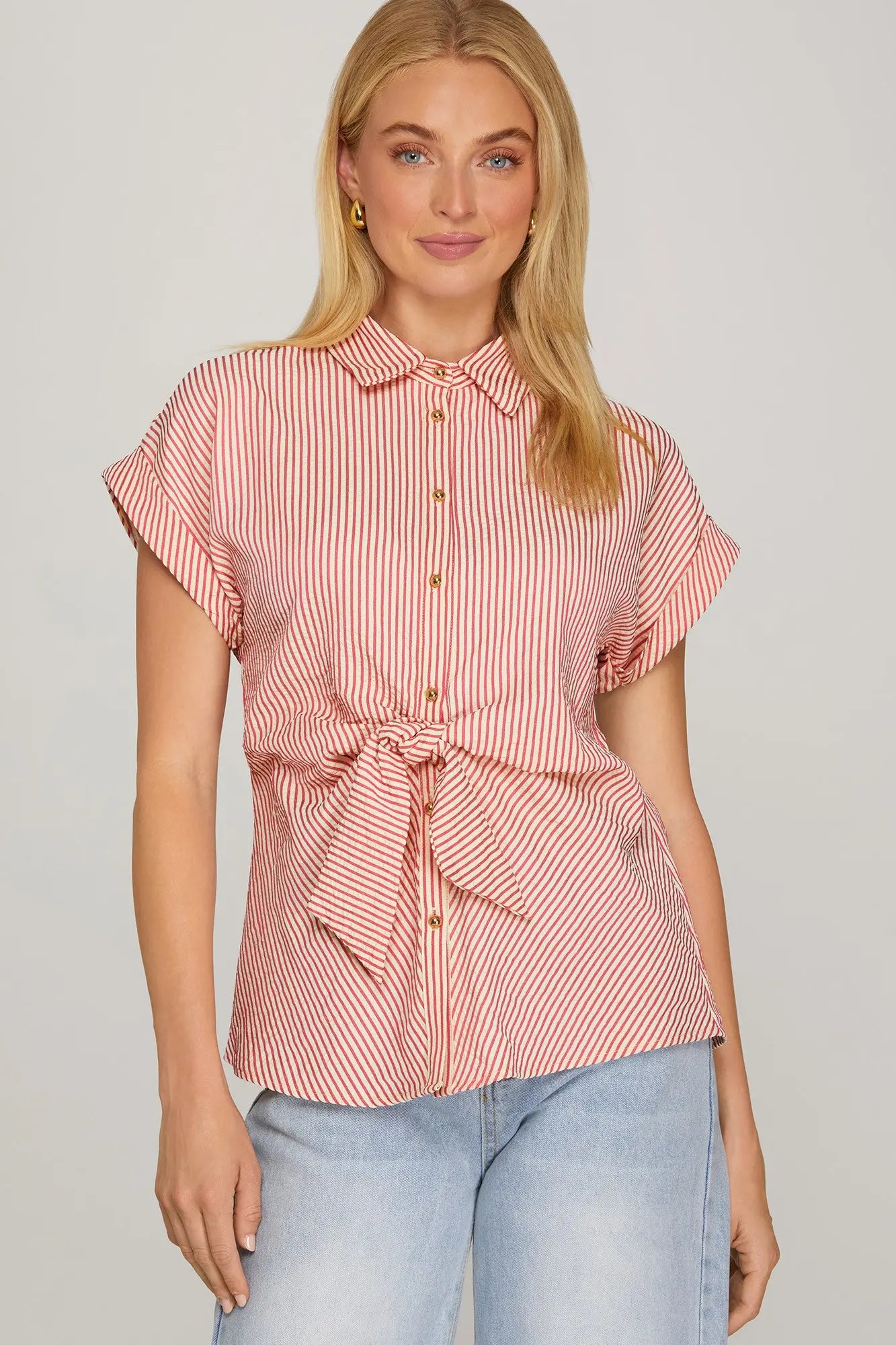 Red Striped Tie Front Button Down Shirt | Short Sleeve Woven Summer Top