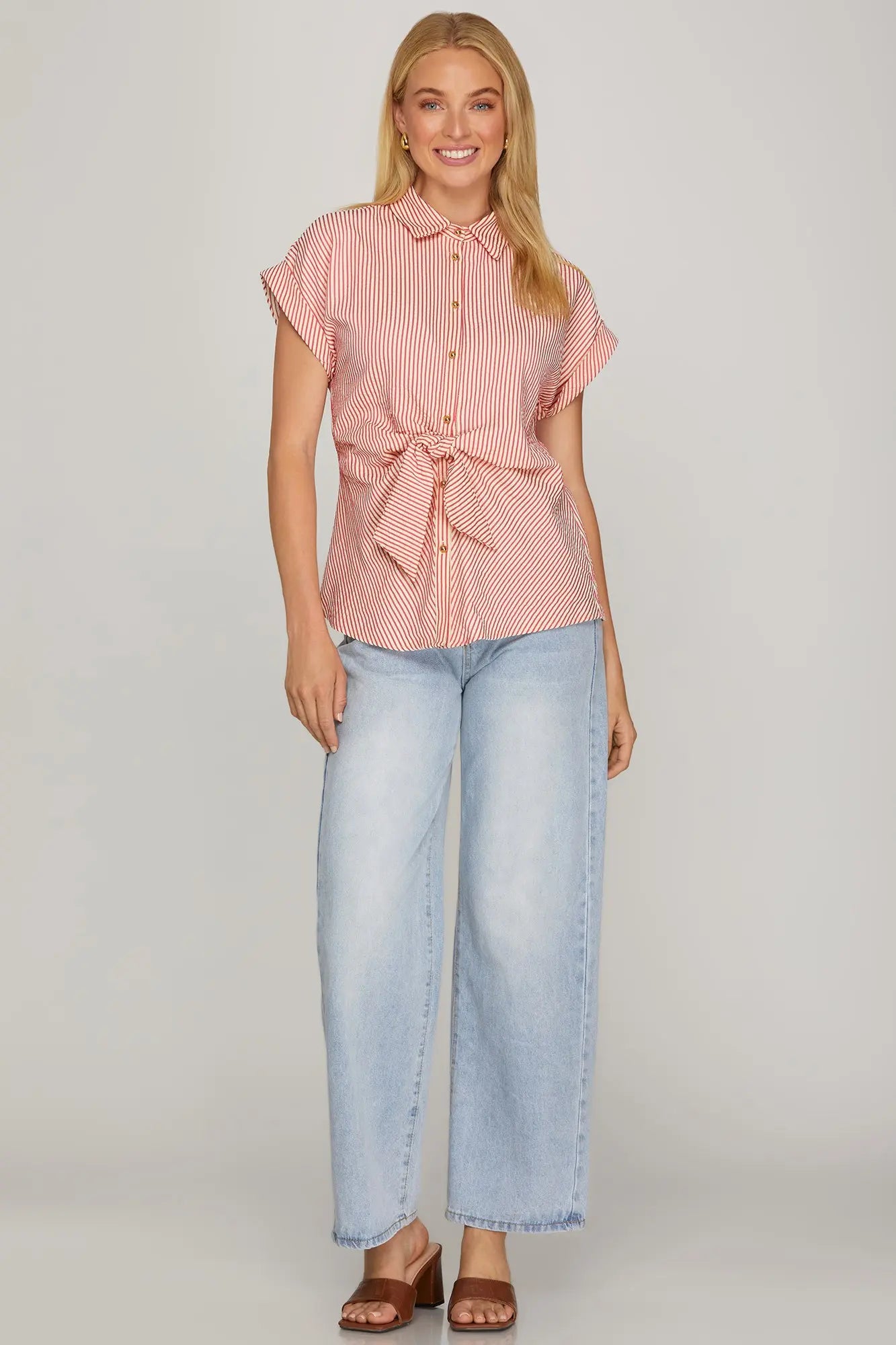 Red Striped Tie Front Button Down Shirt | Short Sleeve Woven Summer Top