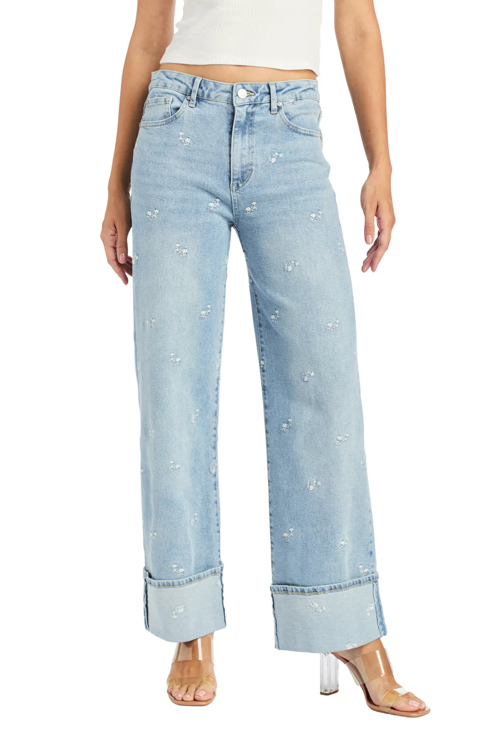 Floral Embroidery Wide Crop Jeans