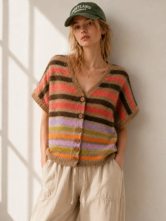 Colormix Striped V-Neck Knit Vest – Button Front