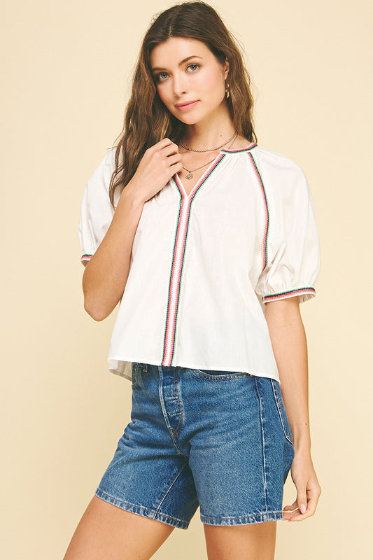 Piping Detail Puff Sleeves Shirt