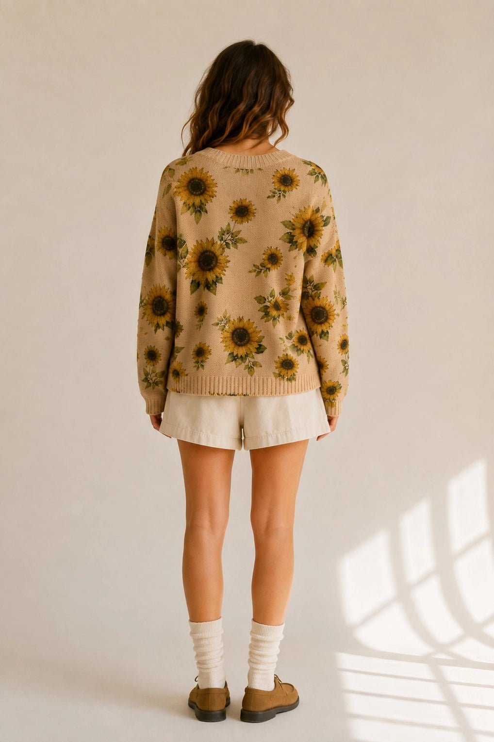 Women's Sunflower Print Knit Sweater – Cozy Relaxed Fit Floral Pullover