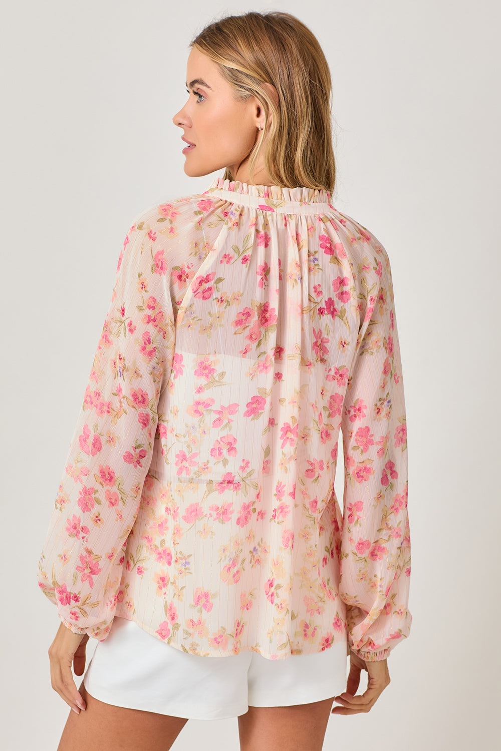 Bubble Sleeve Lurex Ruffle Collar Peasant Blouse
