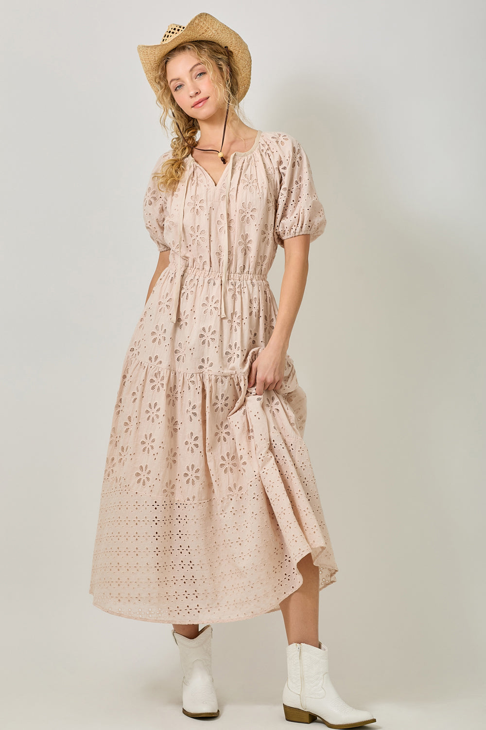 Puff Sleeve Tiered Eyelet Dress