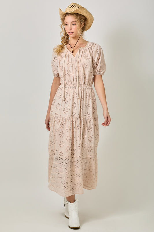 Puff Sleeve Tiered Eyelet Dress